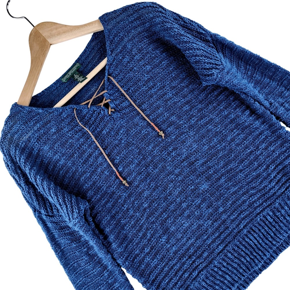 Lauren Jeans Co Ralph Lauren Linen Cotton Lace-Up Knit Sweater Blue Women S
